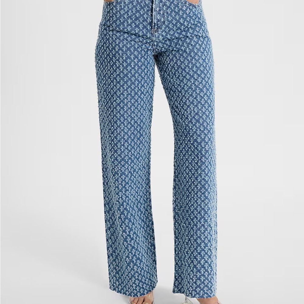 Express High Waisted Medium Wash Distressed Print Wide Leg Jeans